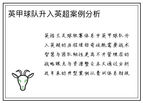 英甲球队升入英超案例分析