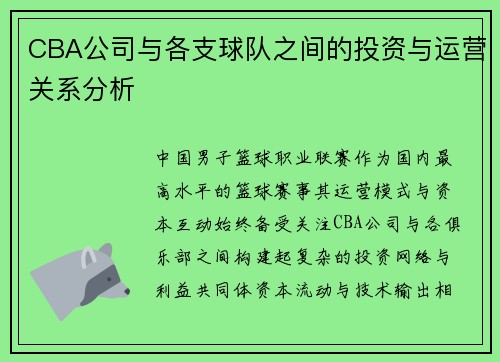 CBA公司与各支球队之间的投资与运营关系分析