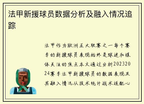 法甲新援球员数据分析及融入情况追踪