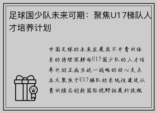 足球国少队未来可期：聚焦U17梯队人才培养计划
